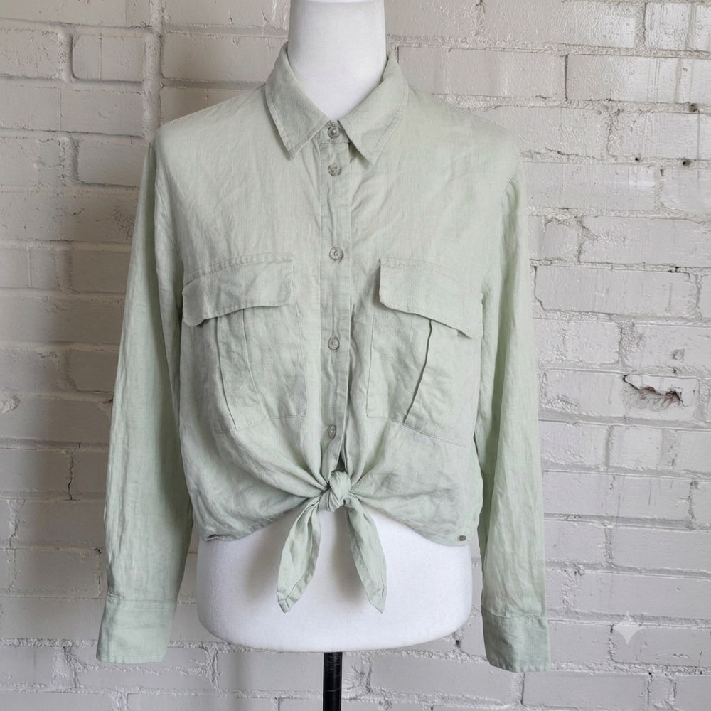 Cottagecore Green Linen Button Up Shirt┃Cropped Tie Front┃Coastal Light Academia
